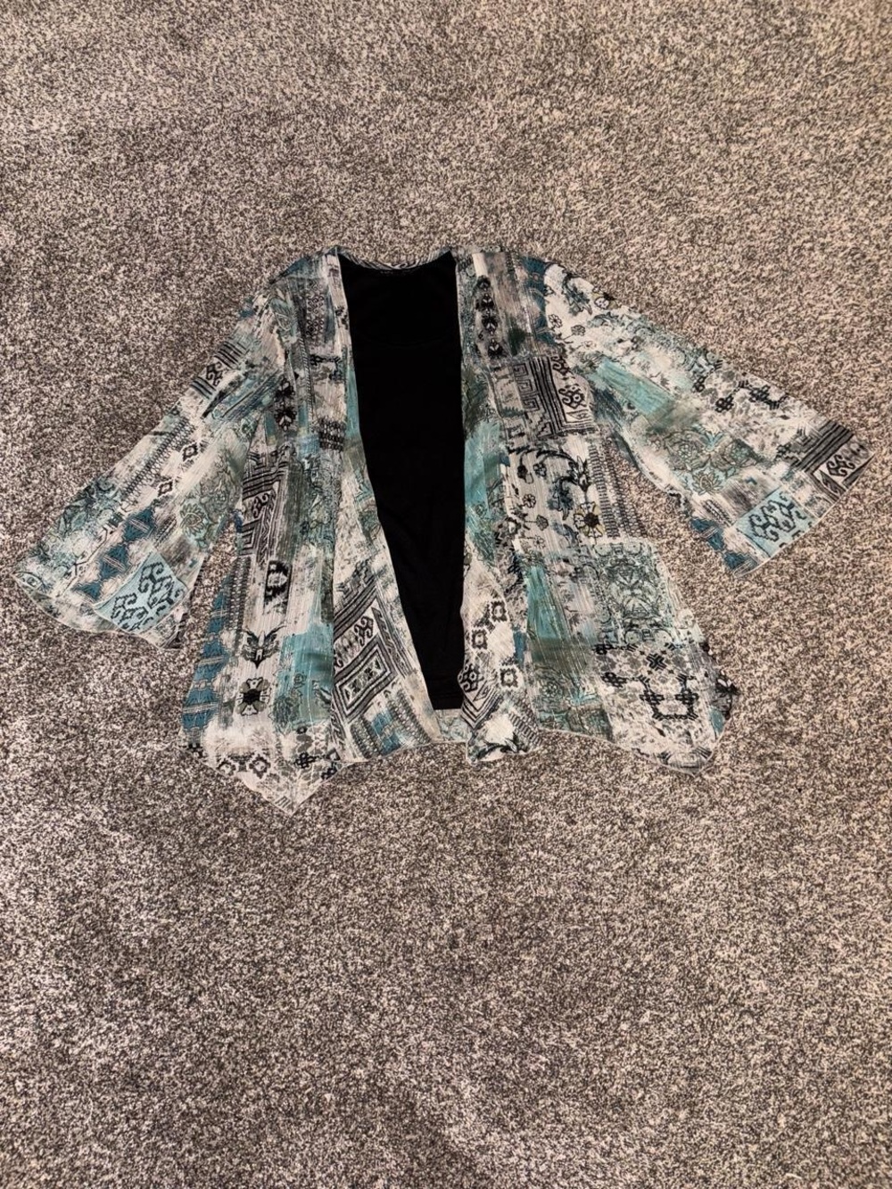 Y2K boho teal and white cardigan blouse